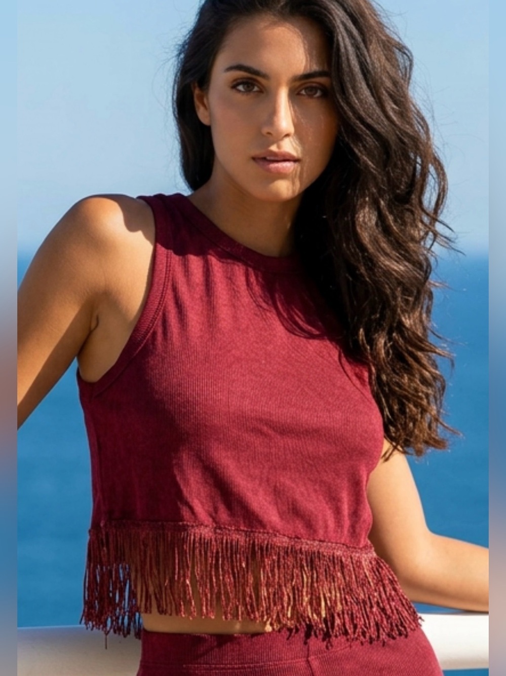 Fringed Ribbed Crop Tank Top in Burgundy - Women